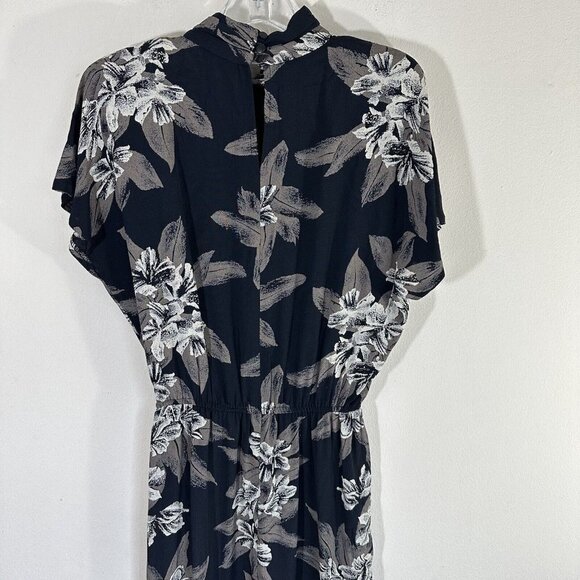Vintage Phoebe 80s Mock High Neck Dress Midi Black Brown Floral Rayon Cocktail - Picture 3 of 8